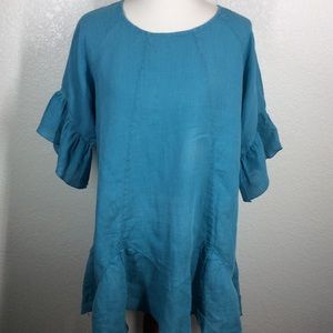 Match Point Linen Blue Top with Ruffled Sleeves and Ruffled Bottom Hem